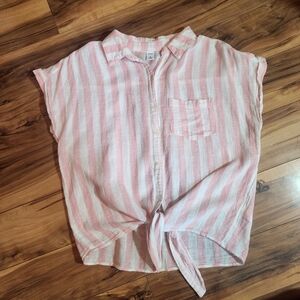 Old Navy Button Up Tie Front Top Light Pink and White Stripe Linen Cotton Size M